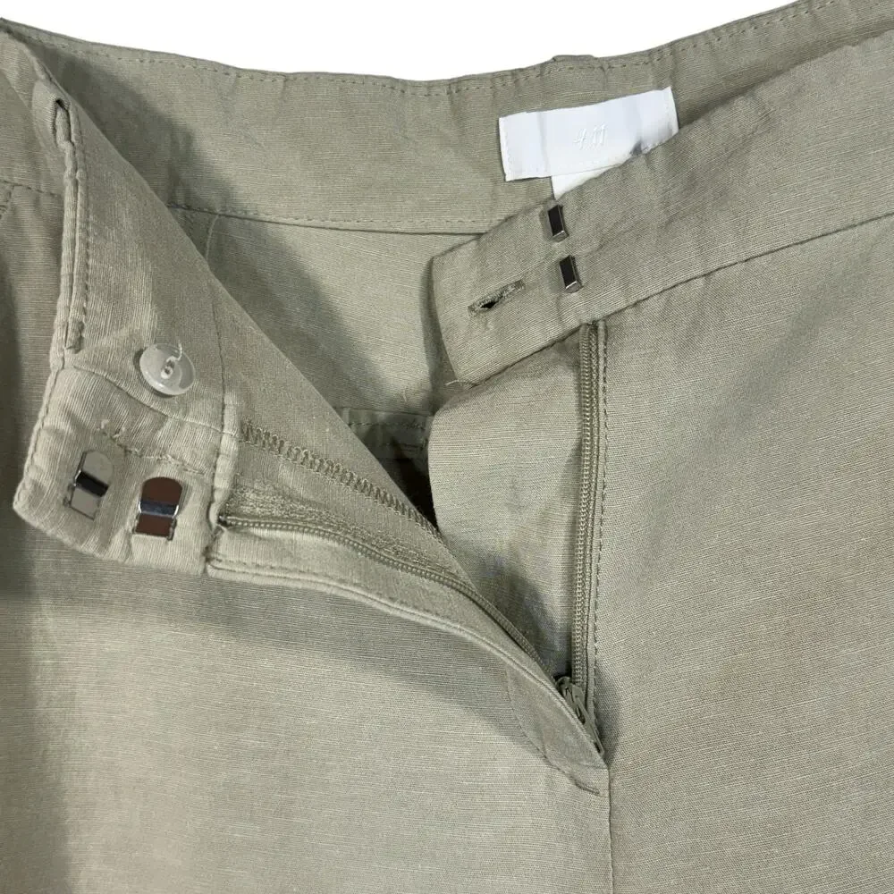 H&M SZ 14 Wide Straight Leg Pants Linen Blend Cargo Pocket Hi-Rise Zip-Fly Beige